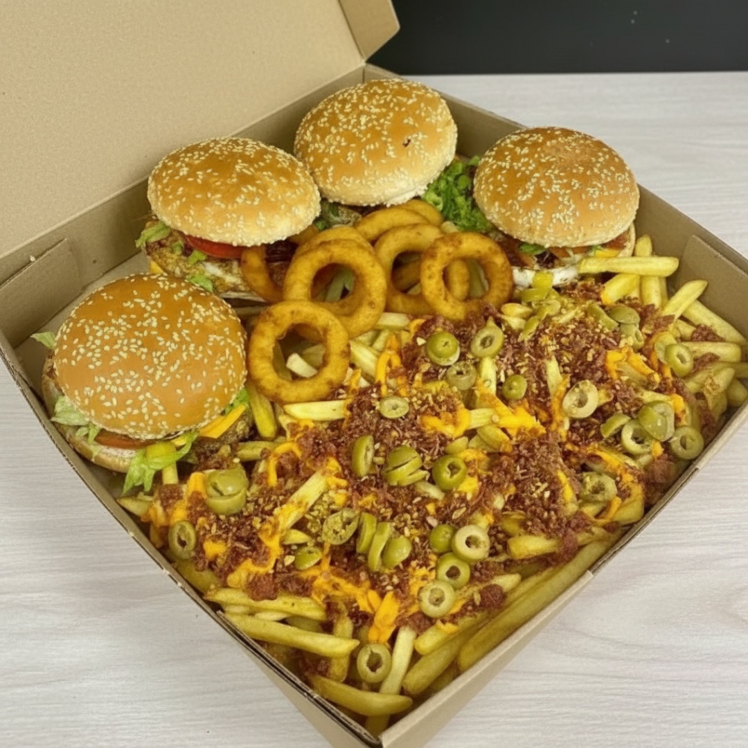 4 x-tudo, batata cheddar bacon, aneis de cebola, calabresa, cheddar polleghi, azeitona e alho frito. acompanha: Fanta laranja, Fanta uva ou Pepsi 2l