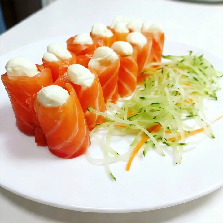 Deliciosas e delicadas lâmina de salmão fresco combinadas com cream cheese cremoso, proporcionando uma textura suave e sabor marcante em cada mordida. Uma opção leve e irresistível!