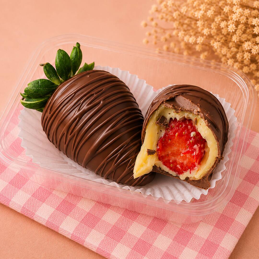 Bombom de Morango feito com morango fresco e selecionado, envolvido por um cremoso brigadeiro de Ninho e coberto com uma generosa camada de chocolate ao leite. Uma combinação cremosa, chocolatuda e irresistível.