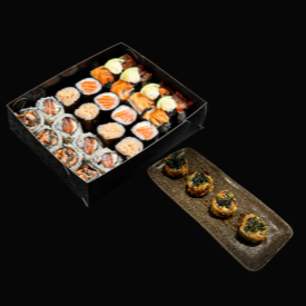 4 uramaki skin roll, 4 uramaki philadelfia, 4 niguiri skin, 4 hossomaki philadelfia, 4 hossomaki terrine, 8 hot Philadelphia ‼️Os pedidos acompanham: 01 hashi, shoyu e teriaky. Demais adicionais como wasabi e gengibre deverão ser adquiridos a parte. Obs: Não Fazemos Alterações