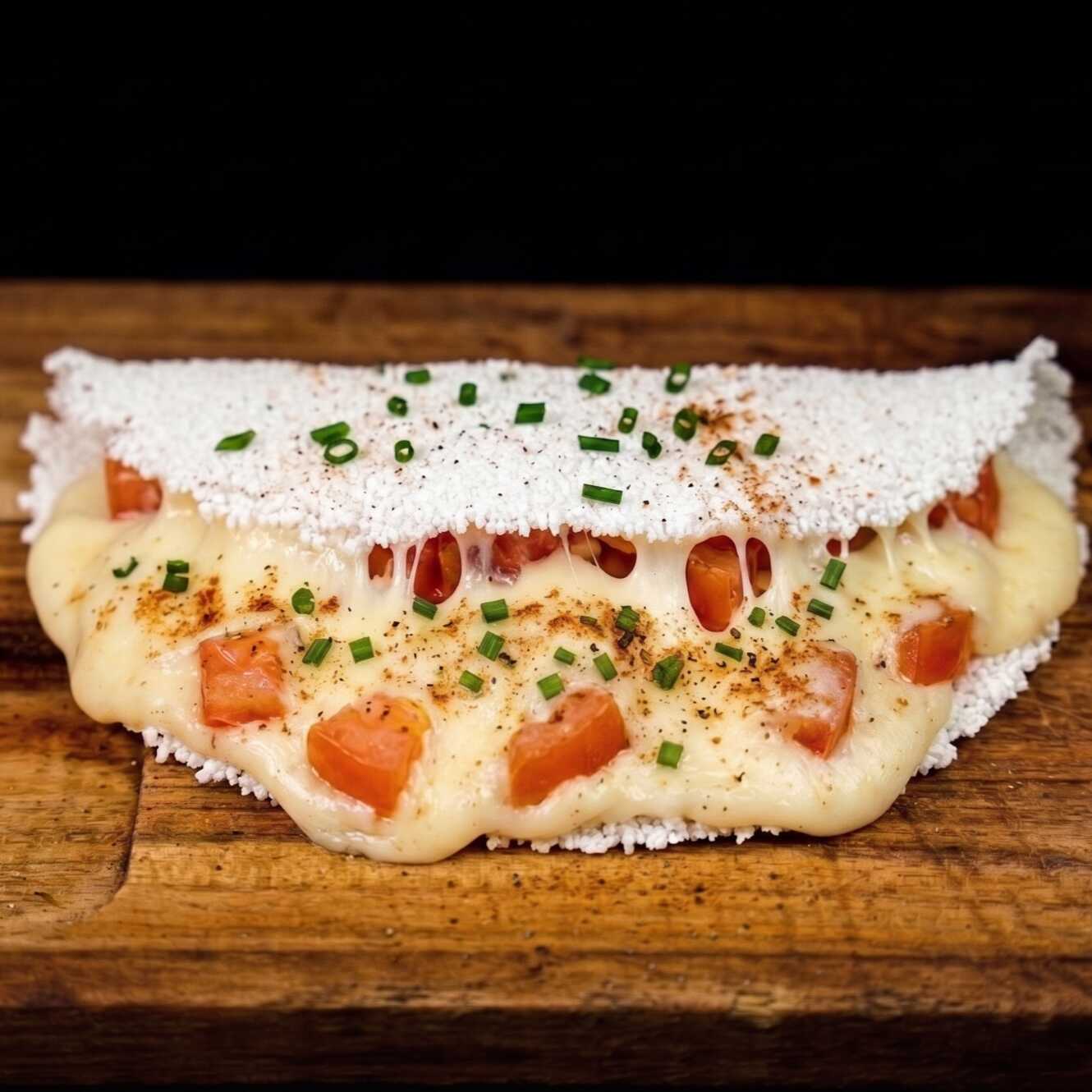 Tapioca recheada com queijo derretido e fatias de tomate fresco, uma combinação clássica.