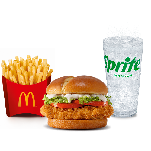 Sanduíche composto pelo novo pão do Méqui, peito de frango temperado empanado, maionese, alface américa e tomate, acompanhamento e bebida.