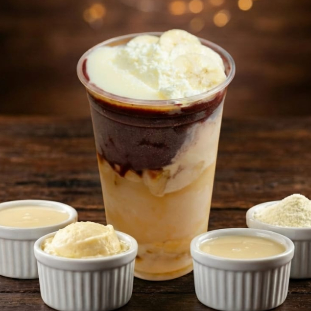 Açaí e Cupuaçu Premium enviados em embalagem térmica, acompanhados de leite condensado, banana e leite em pó, enviados separadamente. Foto meramente ilustrativa. Todos os nossos produtos são enviados em embalagem térmica de isopor, e os complementos são sempre enviados à parte.