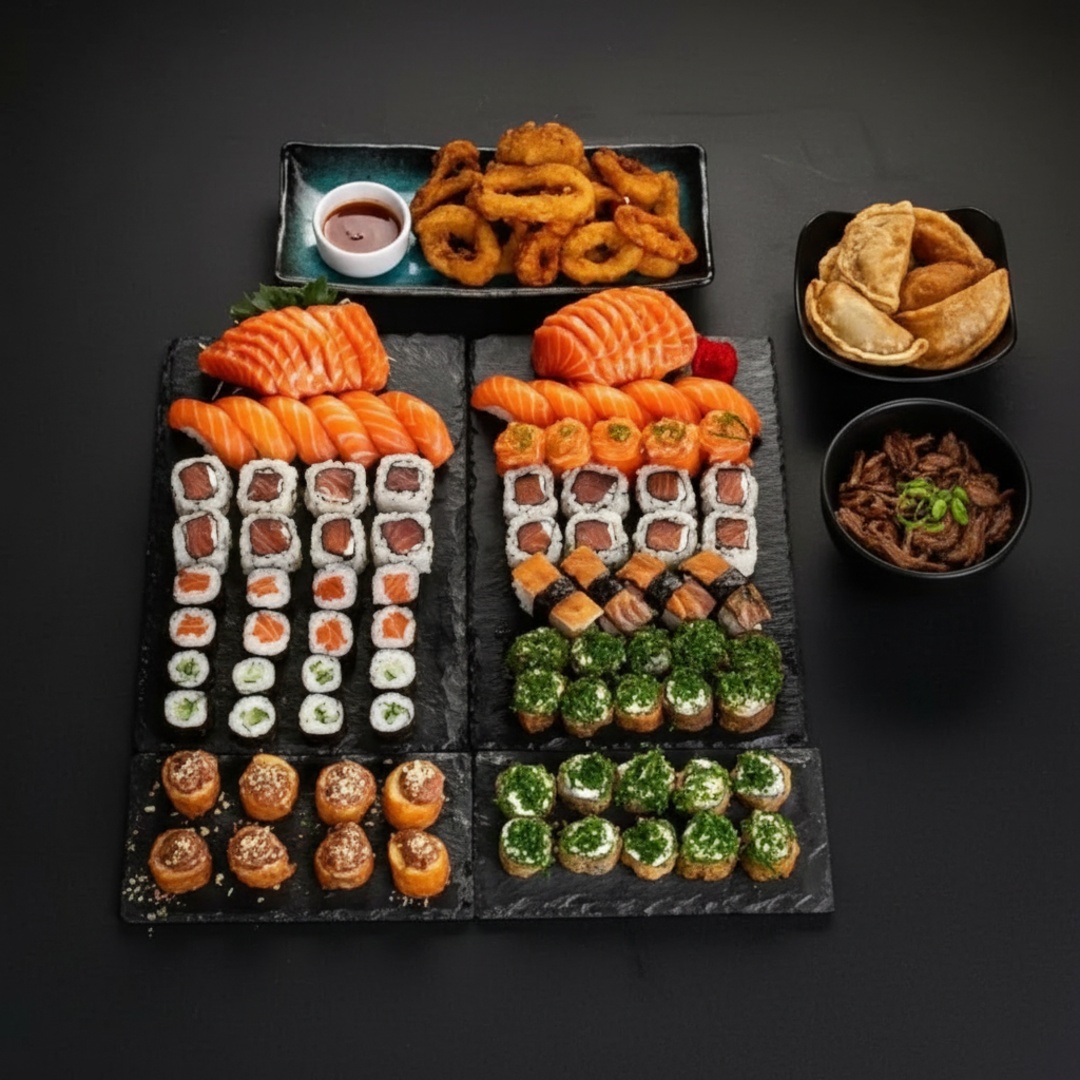 1 combo 50 peças salmão, 1 combo 40 peças salmão, 1 porção de lula a dorê grd, 1 porção guioza, 1 shimeji grd!