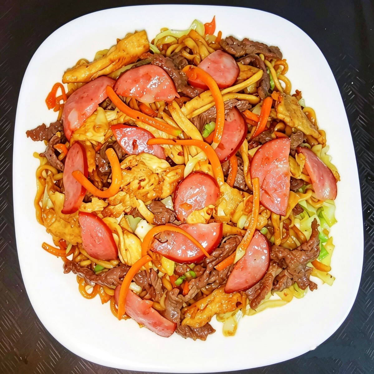 Macarrão, Frango, Calabresa, Carne, Cebola, Cenoura, Repolho ,Alho picado, Molho de soja