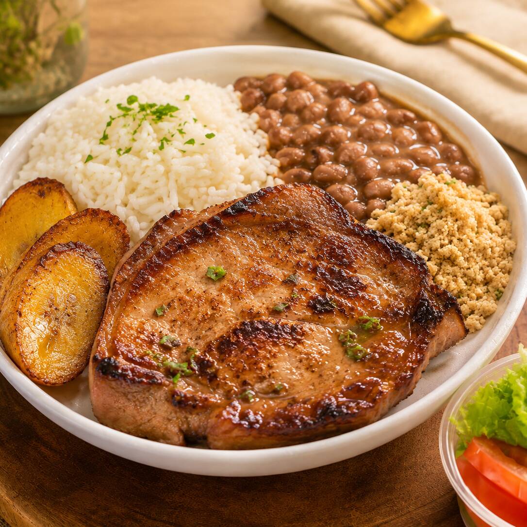 Lombo suíno em bife grelhado, suculento e bem temperado, preparado com aquele toque caseiro especial e finalizado com cebolas douradinhas por cima. Acompanha arroz branco soltinho, feijão saboroso, banana frita docinha e dourada, além de farofa crocante para completar a refeição. A salada vai separada, fresquinha e leve, trazendo equilíbrio ao prato. Uma combinação brasileira completa, simples e irresistível.