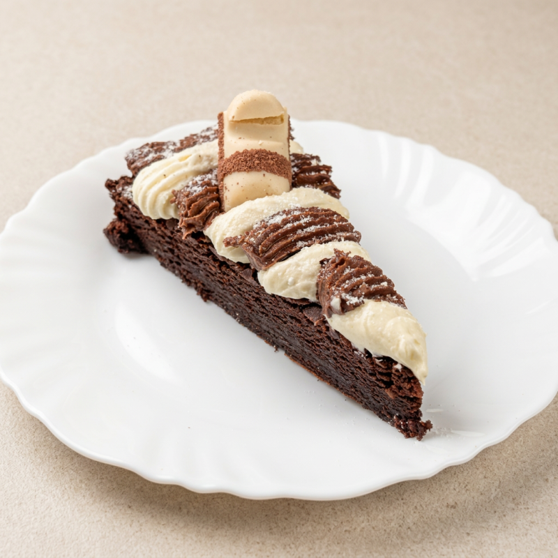 Fatia de Brownie fresco, coberta por um delicioso creme de Nutella, creme de Leite Ninho e um pedaço de Kinder Bueno.
