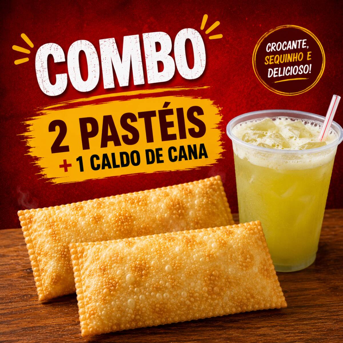 Escolha 2 sabores de pastéis tradicionais e 1 caldo de cana de 500ml.