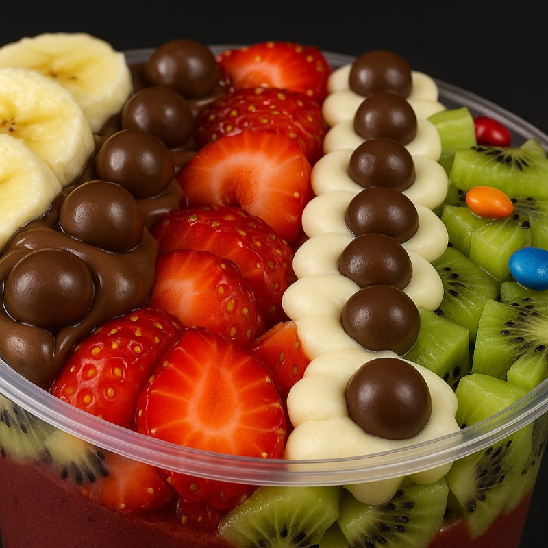 Monte seu copo de 1000 ml com frutas e sinta experiência do Açaí gostoso e refrescante na sua casa. Açaí batido, com frutas , caldas e complementos.