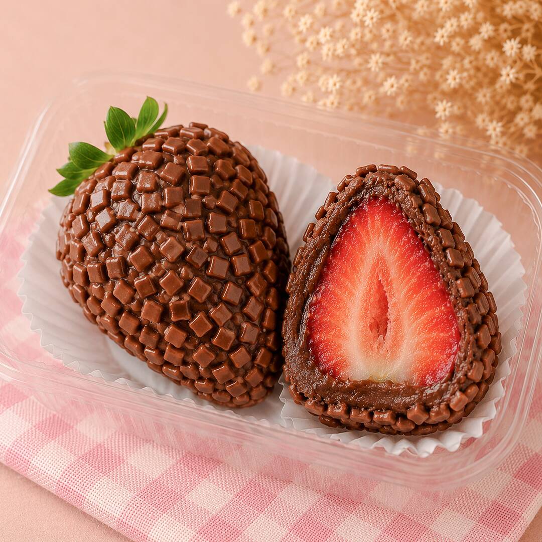 Morango com Brigadeiro Gourmet e Granulado ao Leite, também conhecido como Coxinha de Brigadeiro Gourmet com Morango. Feito com morango fresco e selecionado, envolvido por uma generosa camada de brigadeiro gourmet de chocolate e finalizado com granulado ao leite. Produzido artesanalmente no dia para garantir qualidade e muito sabor.