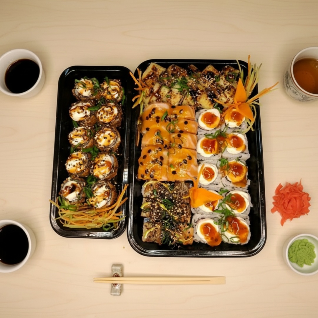 Maravilhoso combinações 10 uramaki skin laminado com salmão finalizado geleia de maracujá 10 uramaki kani finalizado com cream cheese e geleia de pimenta 10 uramaki laminado com queijo maçaricado com molho taré e Gergelim 3 niguiri skim 10 hot filadelfia