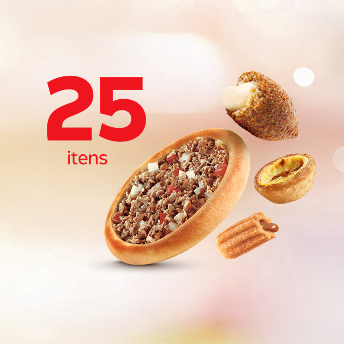 Escolha 25 Itens variados combine os produtos como quiser e bom apetite: Minikibe com Cremely, Minichurros de Doce de Leite, Pastel de Belém, Donuts, Esfihas Normais e Folhadas. Aproveite!