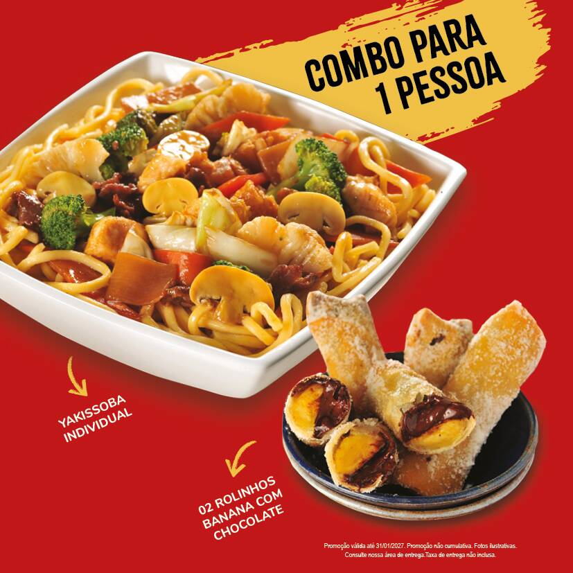 Nosso delicioso Yakissoba tradicional individual + 2 unidades de rolinho ou espetinho a sua escolha.