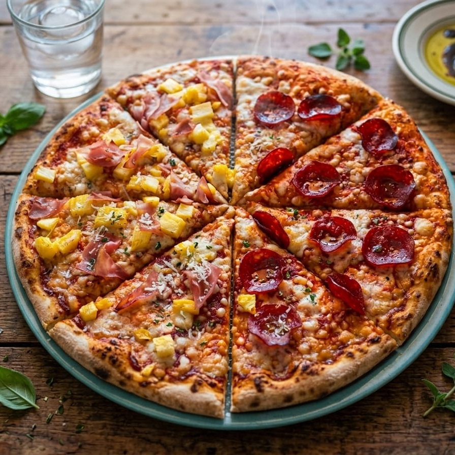 Pizza Mitad Pepperoni y Hawaiana Grande