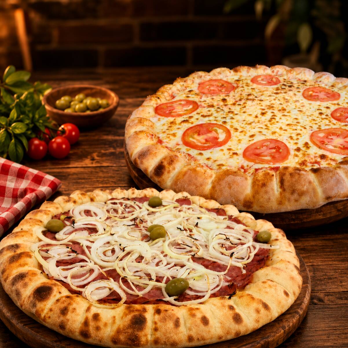 UMA PIZZA DE CALABRESA + UMA DE MUSSARELA + 1 COCA DE 2 LITROS