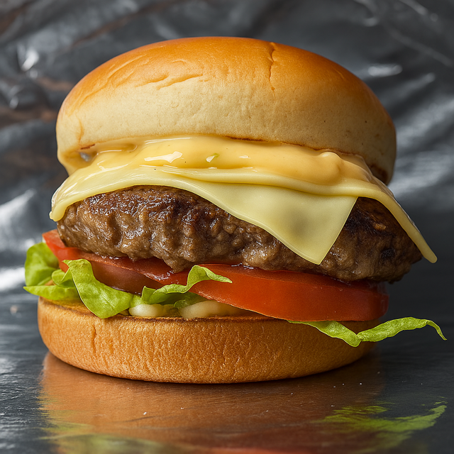 PÃO DE BRIOCHE, BURGER 150G, QUEIJO MUSSARELA, MAIONESE DA CASA, ALFACE E TOMATE ( CLÁSSICO E ATEMPORAL).