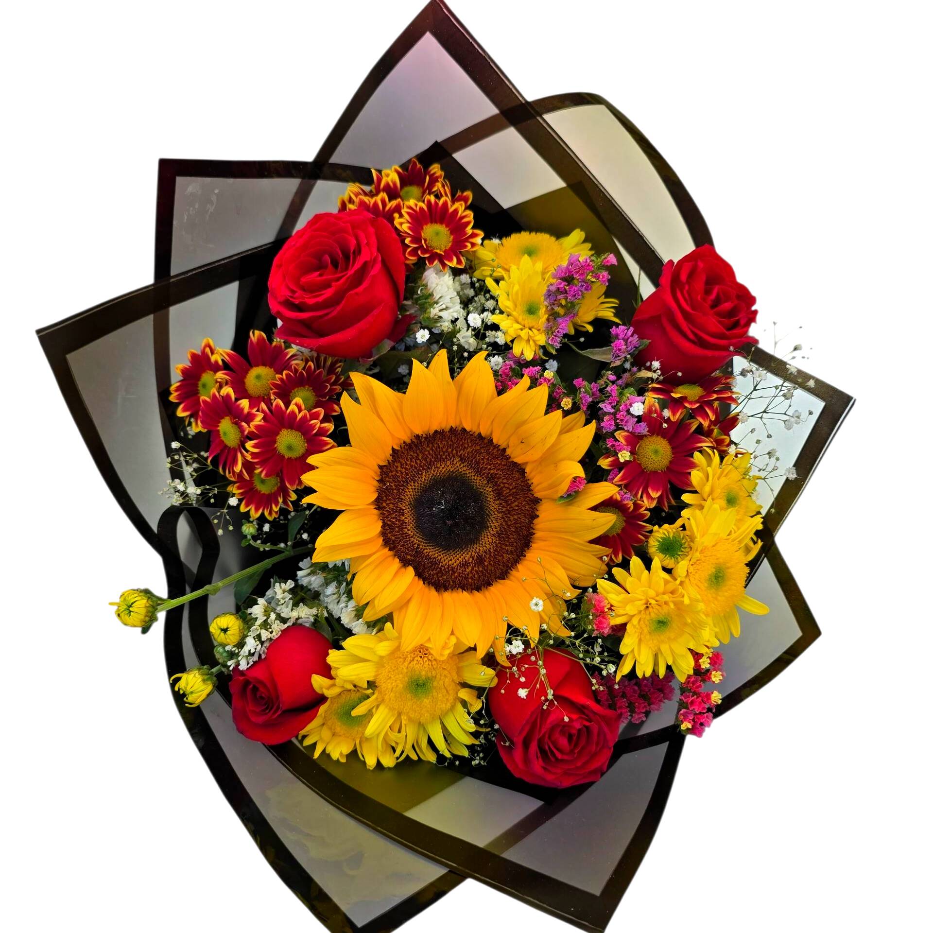 RAMO DE 1 GIRASOL, 4 ROSAS ROJAS