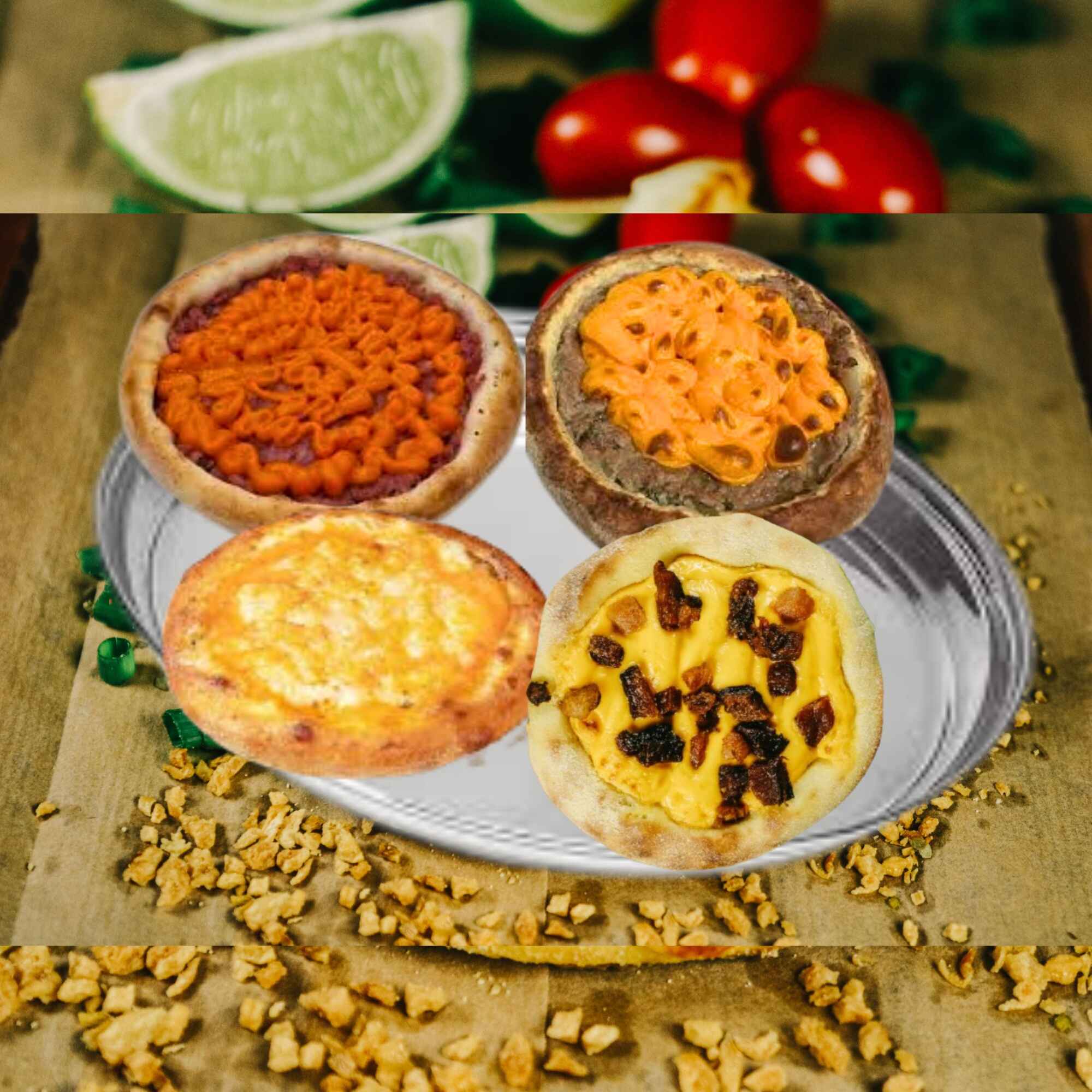 4 ESFIHAS: 4 QUEIJOS, BACON COM CHEDDAR, CALABRESA COM CHEDDAR E CARNE COM CHEDDAR
