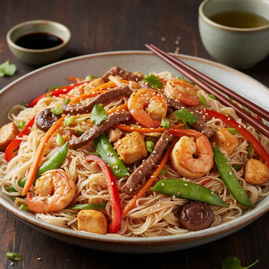 Macarrão de Arroz,carne,frango,camarão e legumes