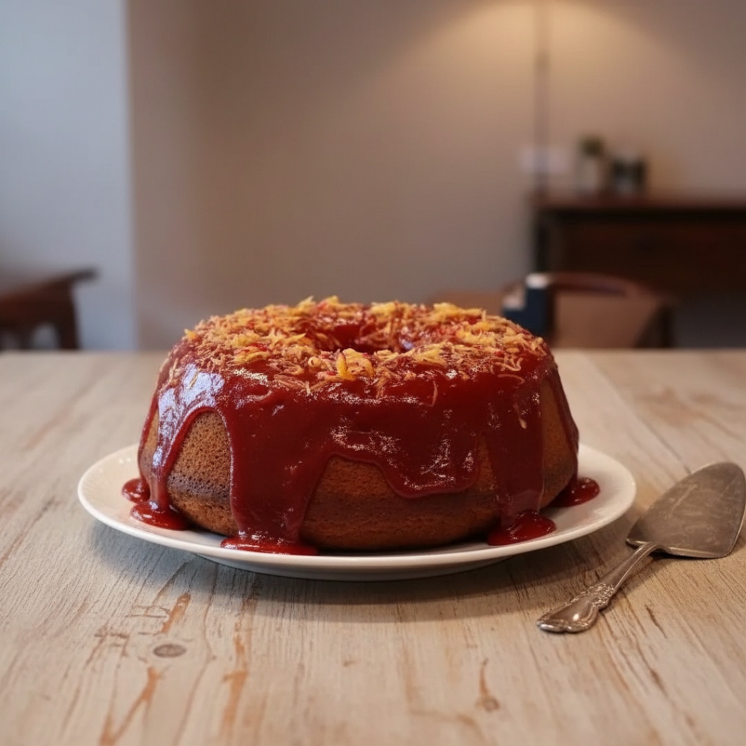 Uma fatia de bolo de queijo cuia com cobertura de doce de goiaba.