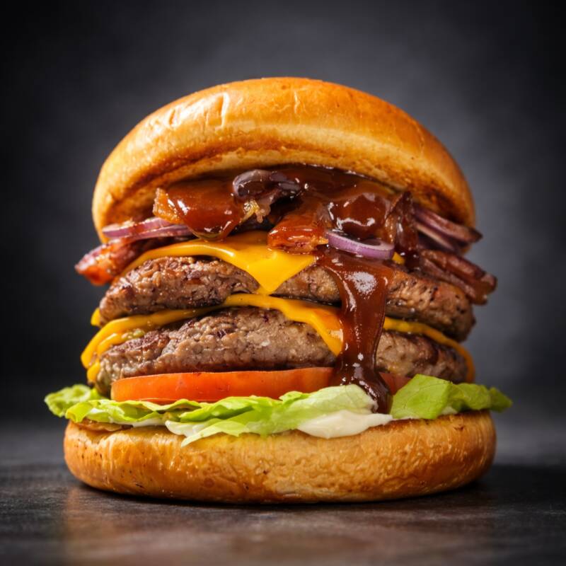 Pão de brioche, maionese Hellmann's, alface americana, tomate, molho tasty, 2 hambúrgueres artesanais de 120gr cada, fatias de queijo cheddar, fatias de bacon crocante, cebola roxa e barbecue.