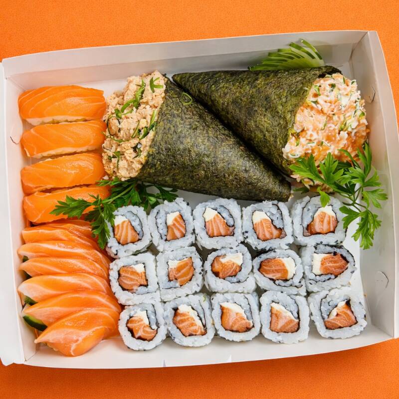 8.sashimi salmão 1.temaki salmão A (cream cheese, cebolinha.) 1.temaki philadelfia (cream cheese, cebolinha.) 4.niguiri salmão 15.uramaki salmao Obs. Não fazemos alterações. Bom apetite!
