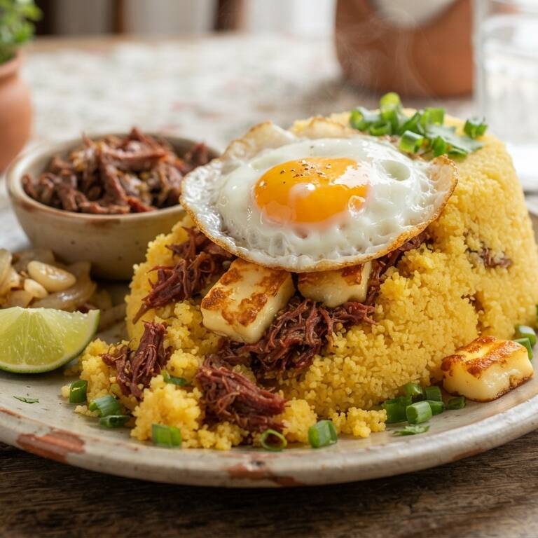 Cuscuz recheado com deliciosa carne seca, queijo coalho e ovo frito.
