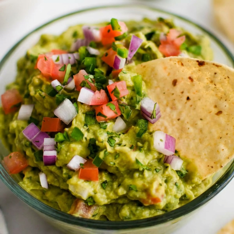 Guacamolle com avocado, tomate, cebola roxa e branca, coentro e limão Acompanha porção de nachos coloridos. Peso médio 120grs.