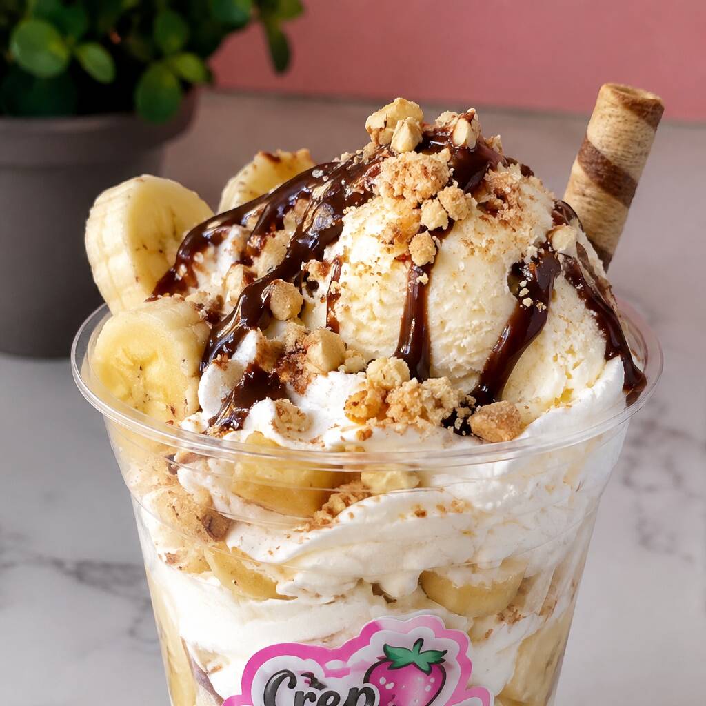 Vaso de platano con crema y helado