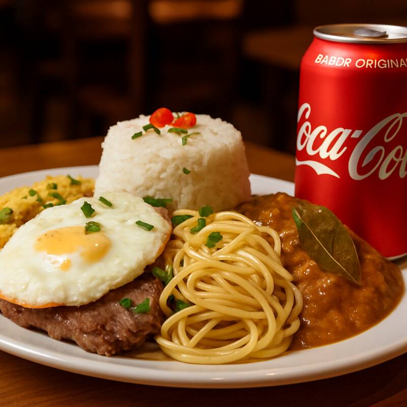 Bife bovino grelhado com ovo frito. Acompanha arroz soltinho, feijão caseiro, farofa crocante e macarrão ao alho e óleo.+1 Coca-Cola Original 350 ml