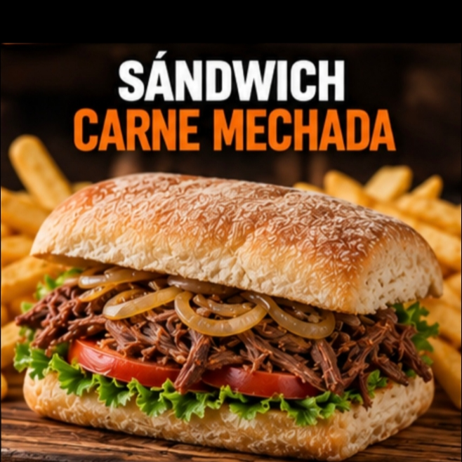 Sándwich Carne Mechada+papás + Refresco