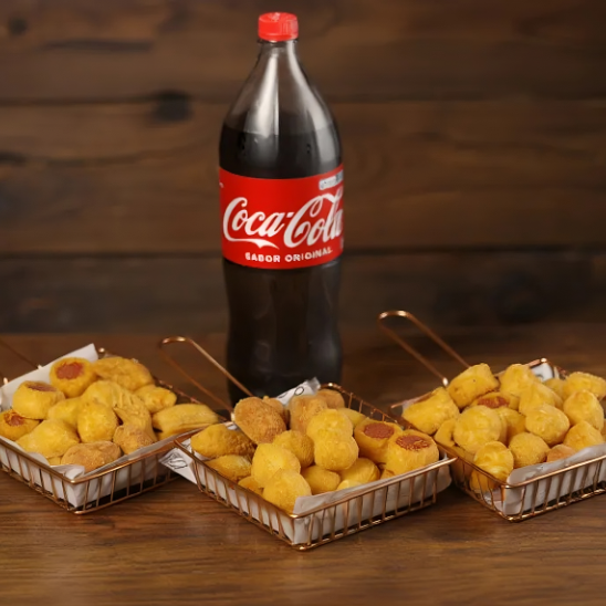 Combo de 60 salgadinhos com 5 opções de sabores. Frito na hora para chegar quentinho na sua casa. Entrega super rápida. Salgadinhos de 25g (Padrão Festa).
