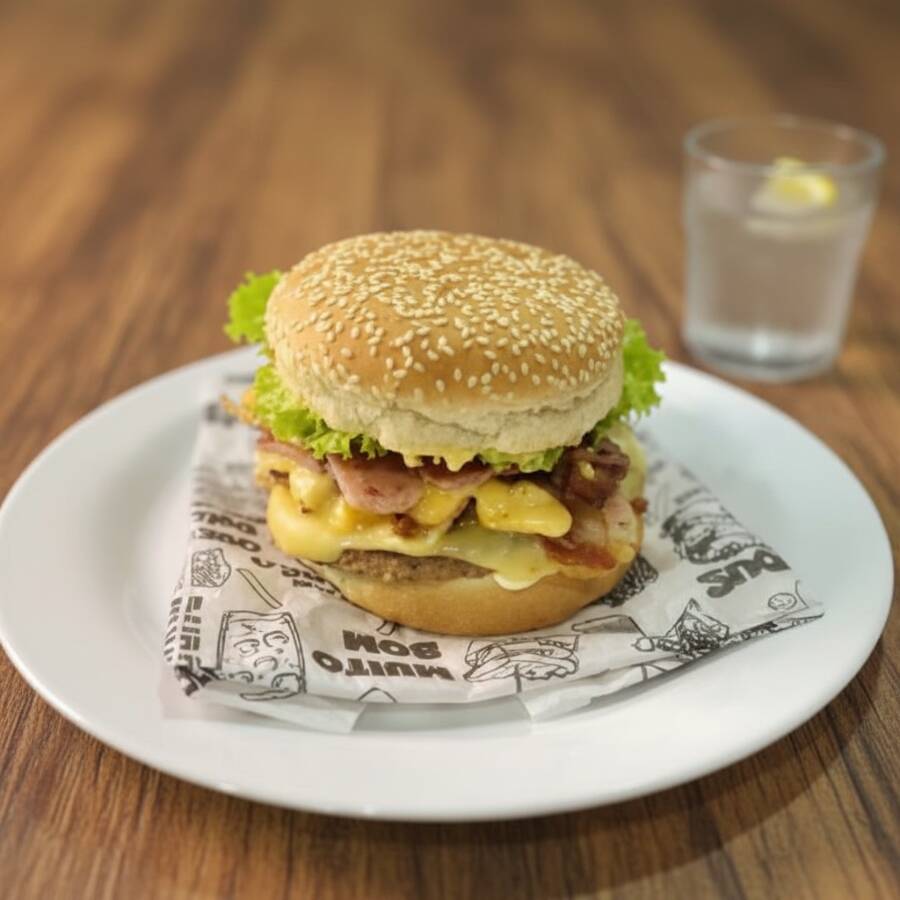 Pão, Hamburguer, Queijo, Presunto, Bacon, Presunto, Bacon, Ovo, Rodelas De Tomate E Maionese