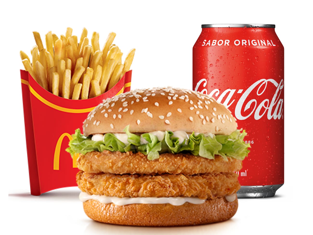 Composto por dois empanados com frango, maionese, alface americana e pão com gergelim, acompanhamento e bebida