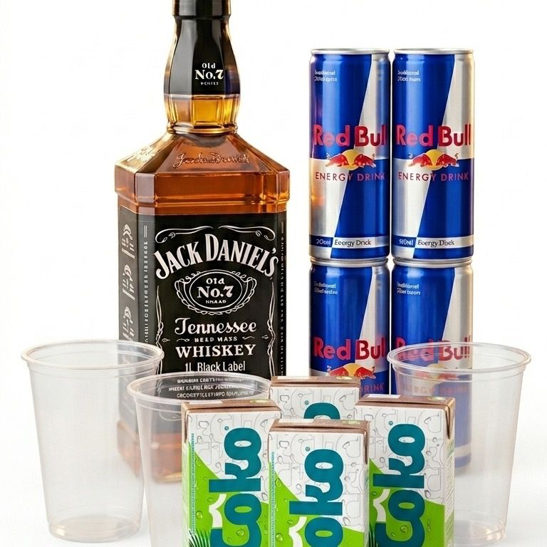 1x Whisky Jack Daniels 1L
4x Red Bull 250ml
4x Gelo Sabor a escolha ( Mandar no pedido o sabor, tem coco, maracujá, maçã verde e melancia)
4x Copos 700ml