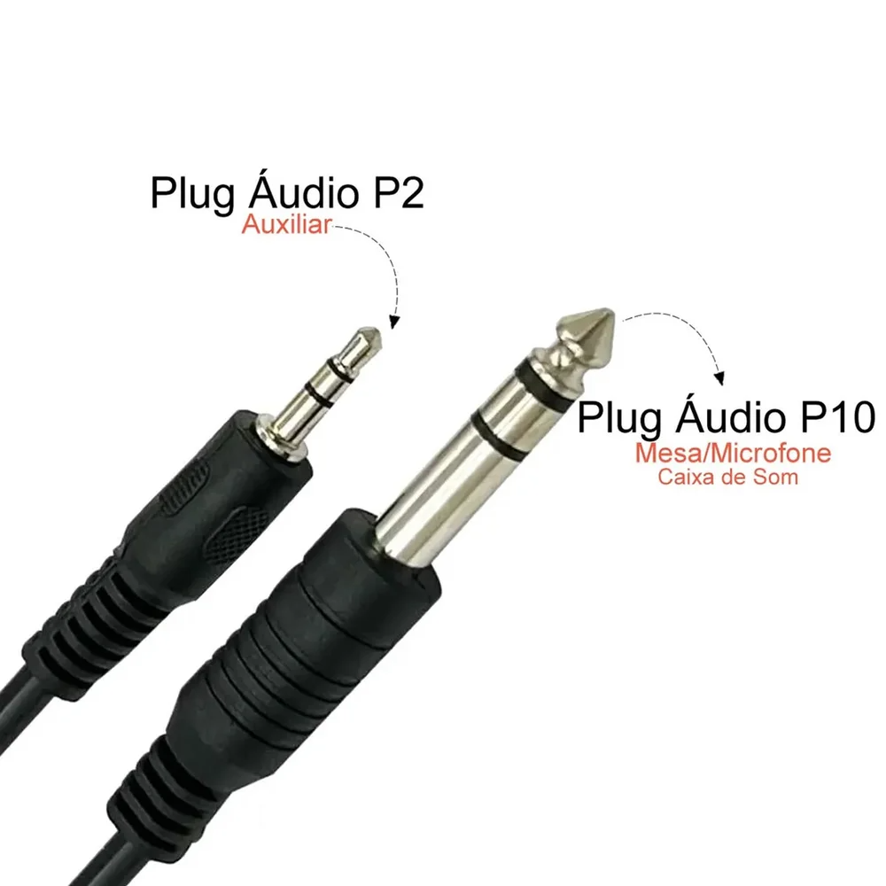 Cabo P2 P10 Estereo Profissional Adaptador Mesa Som