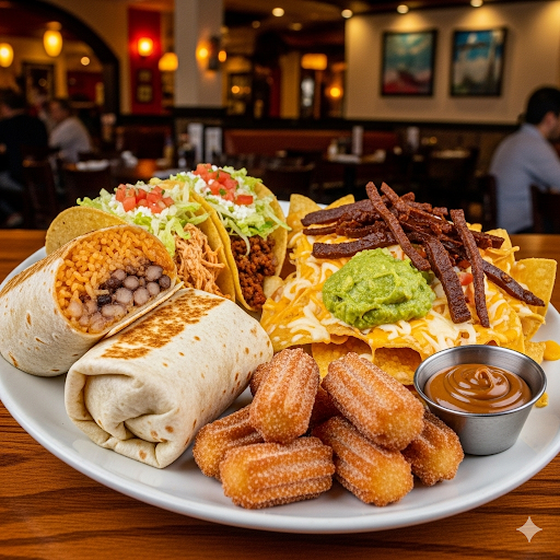 2 burritos ou 2 quesadillas ou 2 hamburgueres + batata ou nachos + 2 tacos + 1 porção de churros