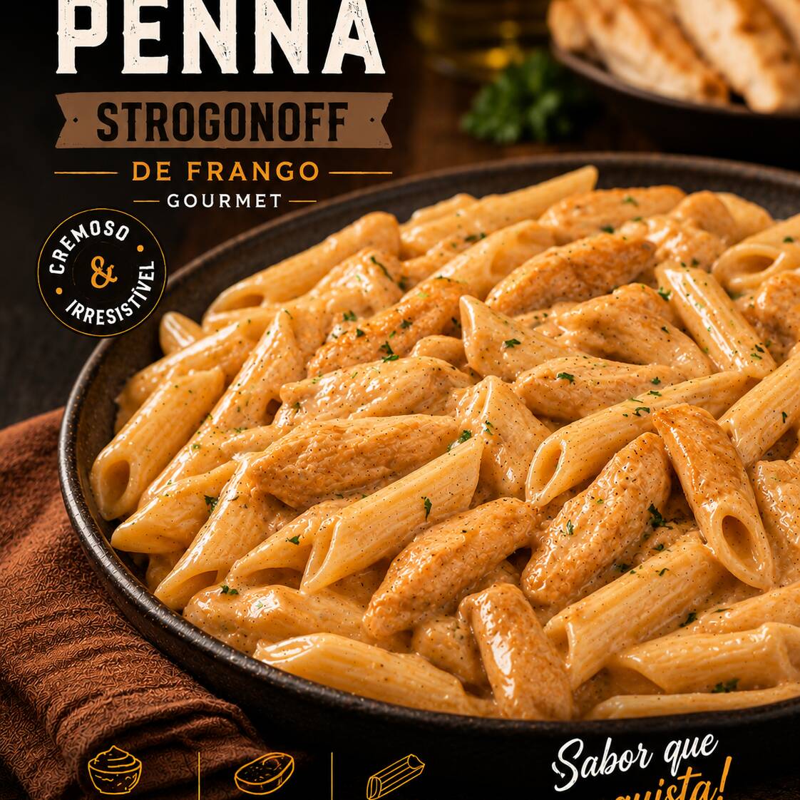 Macarrão penne, strogonoff, batata palha e queijo