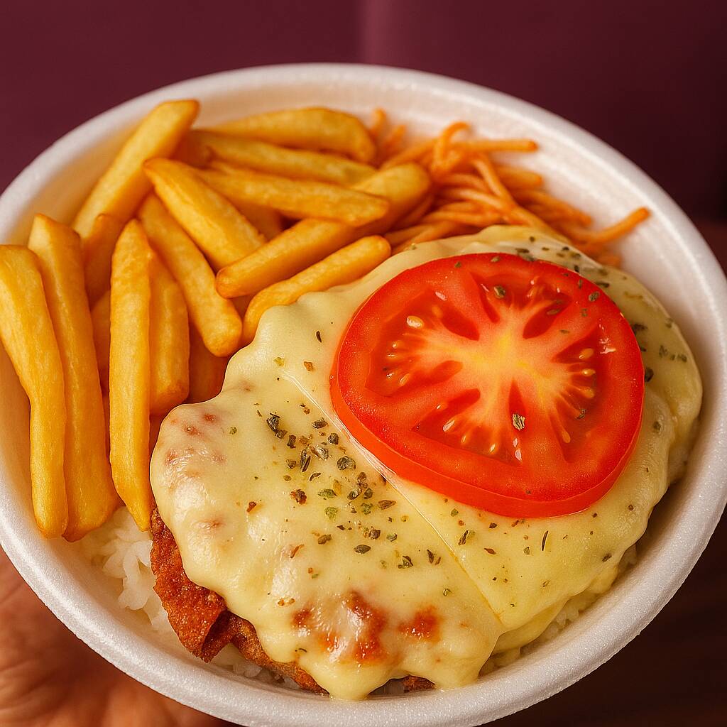file de frango à parmegiana com arroz, feijão, macarrão e batata frita