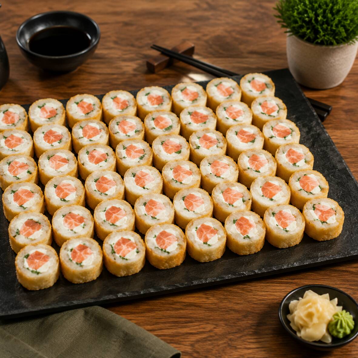 Combo com 40 peças de hot roll de salmão premium, com textura crocante e recheio bem equilibrado.
