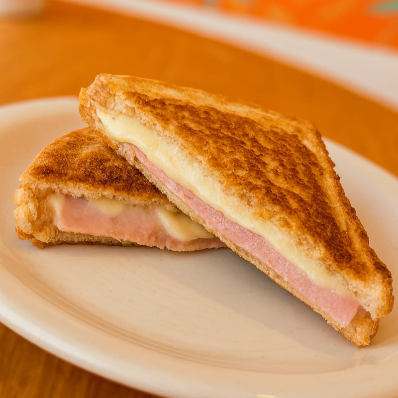 Pão na chapa douradinho, com presunto e queijo derretendo a cada mordida.
