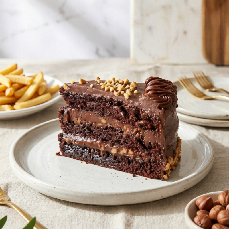 Delicioso bolo de chocolate , recheado com brigadeiro de chocolate ao leite e amendoim crocante. Finalizado com pedacinhos de amendoim crocante triturado e zero açúcar. Para quem busca sabor , sem abrir mão de uma alimentação saudável. Informação Nutricional — Porção de 100 g Valor Energético: 245 kcal Carboidratos: 17 g Proteínas: 13 g Gorduras Totais: 15 g Gorduras Saturadas: 9 g Fibra Alimentar: 1 g Sódio: 55 mg Lista de Ingredientes Massa: gordura vegetal, ovos, whey protein (proteína concentrada do soro do leite), farinha de arroz, farinha de castanha de caju, amendoim, polvilho doce. Recheio:: brigadeiro de chocolate ao leite diet. Adoçantes: stevia, sucralose, sorbitol, maltitol. Alergênicos Contém: leite e derivados, ovos, castanha de caju, amendoim. Pode conter traços de: soja. Informação Adicional Não contém glúten. Sem açúcar.