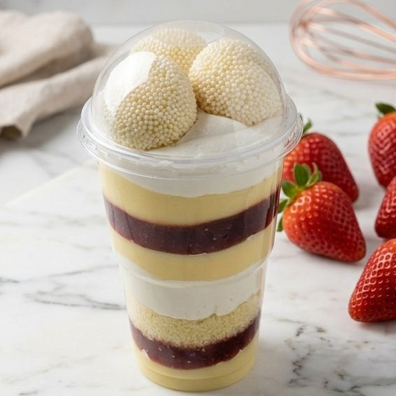 Brigadeiro branco especial cremoso, mouse de leite Ninho, geleia de morango artesanal e bolo de massa de baunilha e em cima 3 brigadeiros branco. ( usamos copo de 300ml )