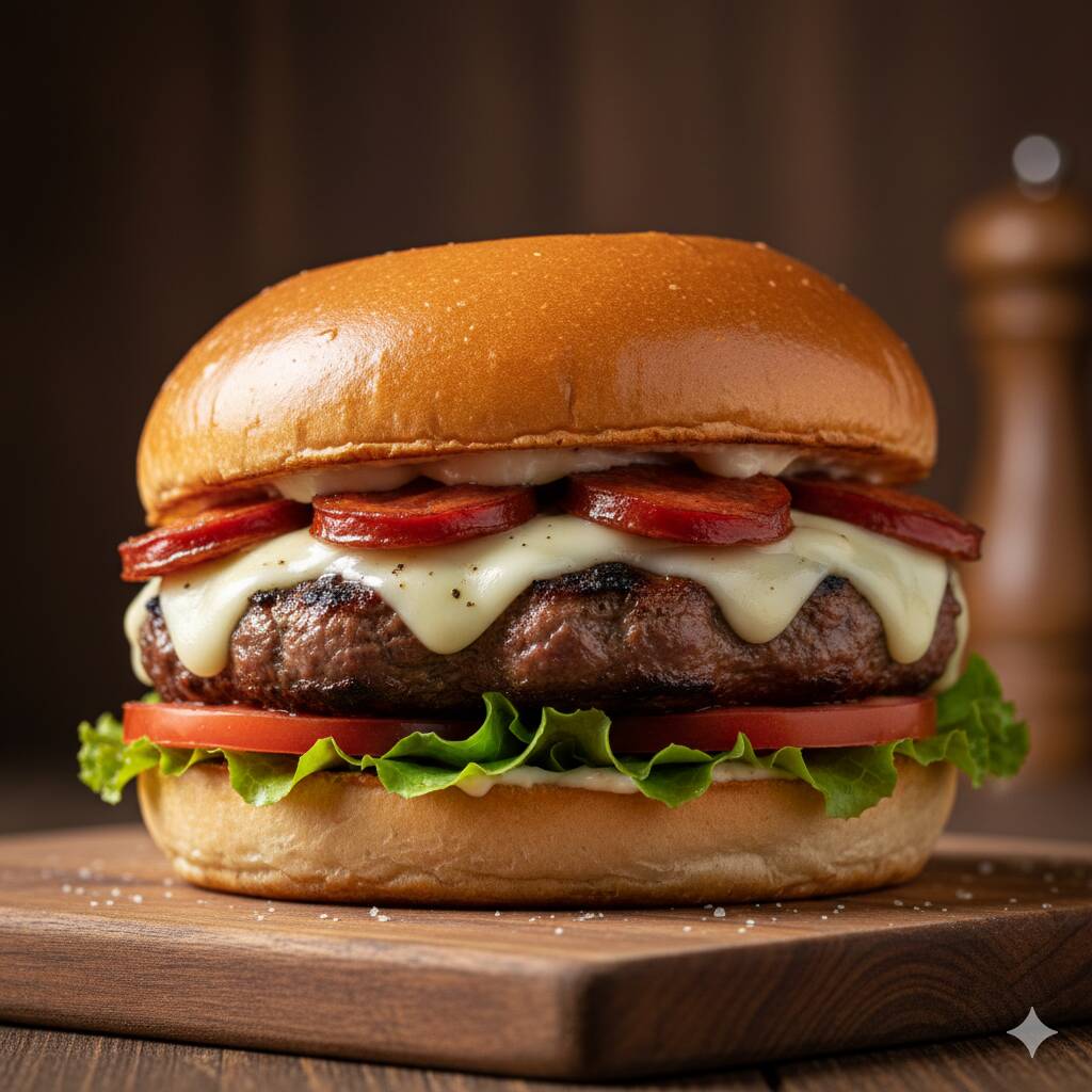 Pão, carne bovino 110g, queijo, calabresa, alface e tomate