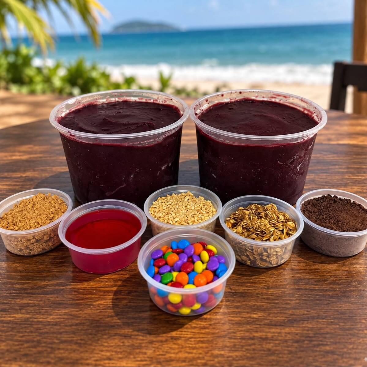 2 Açaí 1L + 6 acompanhamentos separados em potes