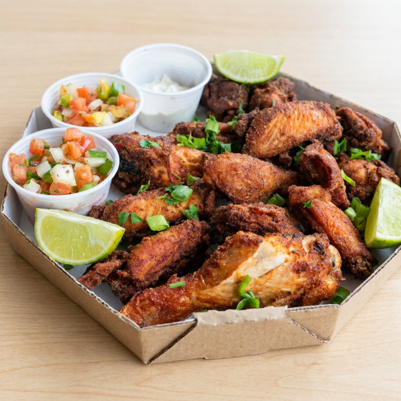 deliciosos pedaços de coxa sobre coxa suculento e crocante, acompanhado de nosso delicioso arroz branco e molho de alho.