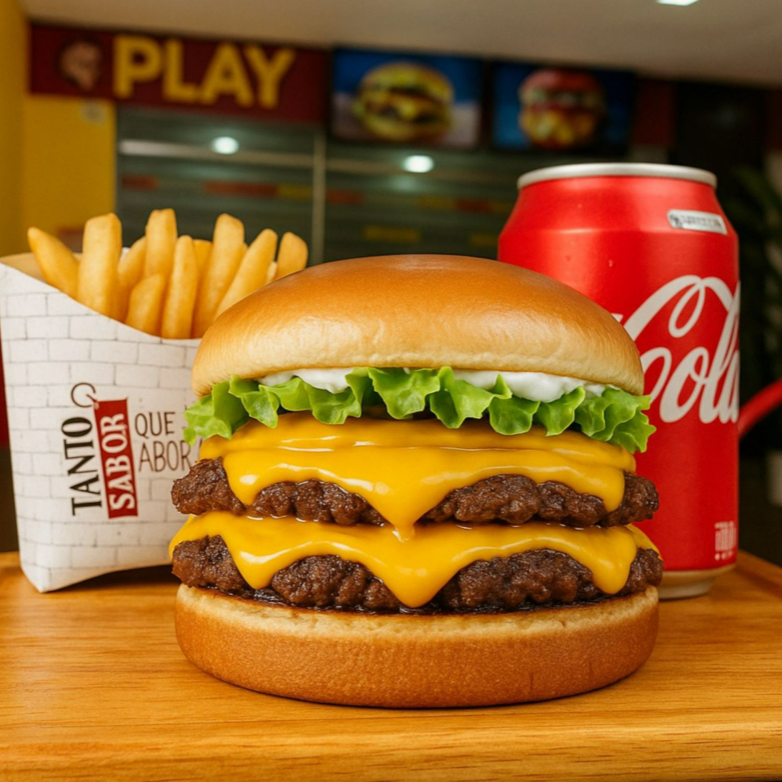 Você vai adorar essa mistura louca de sabores !
Smash Duplo (Pão Brioche , Duas carnes Artesanal 60g, queijo prato , Tomate , alface , picles , cebola picadinha e nossa deliciosa maionese caseira . ) + 80g de batata frita Crocante e uma coca lata estupidamente Gelada.