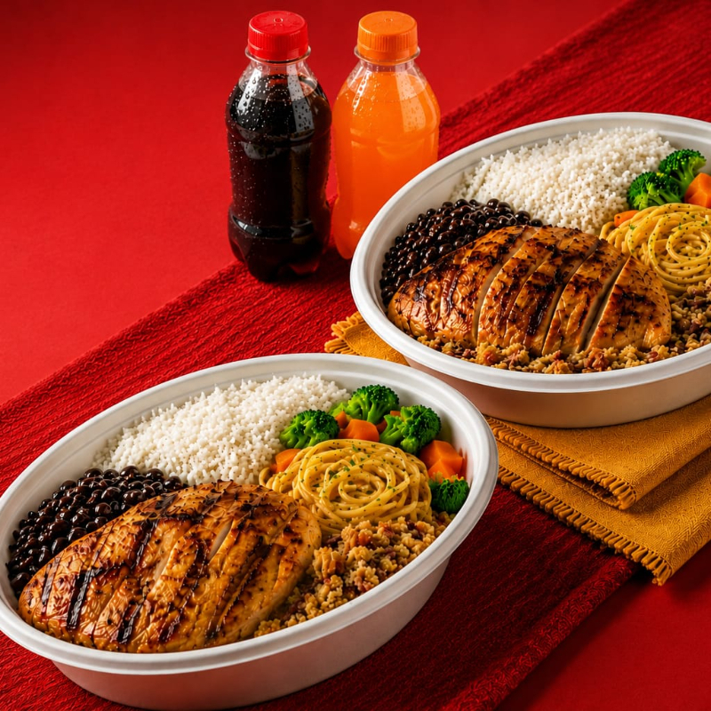 Duas marmitas de frango grelhado acompanhadas de refrigerante. Refeição completa com arroz, feijão e acompanhamentos selecionados, ideal para compartilhar ou matar a fome com qualidade.
Refeição completa ideal para compartilhar no almoço ou jantar.