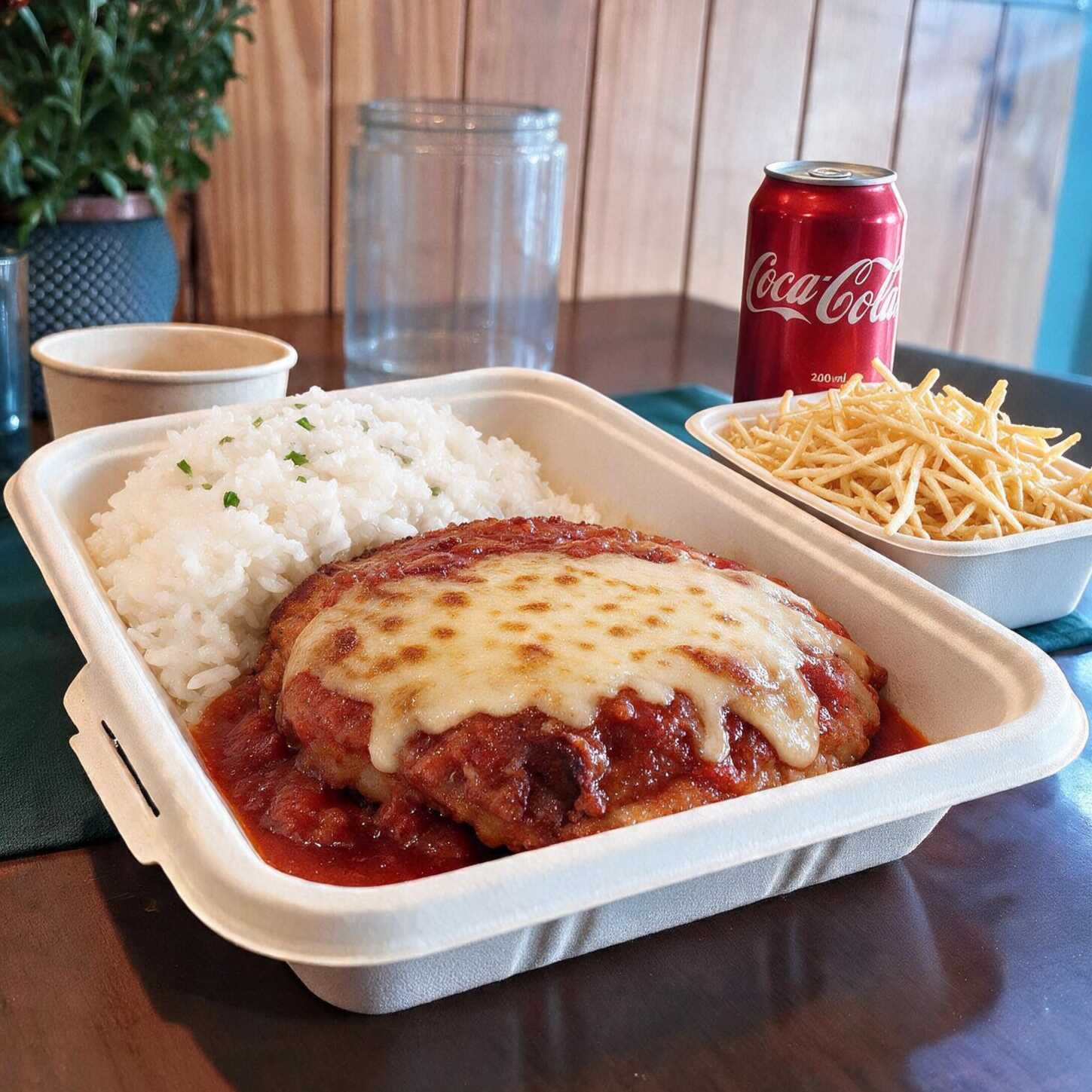 - 300 g de Arroz branco cozido - 100 g de batata palha. - 120 g de Carne de filé mignon temperado + Coca Cola 200ml
