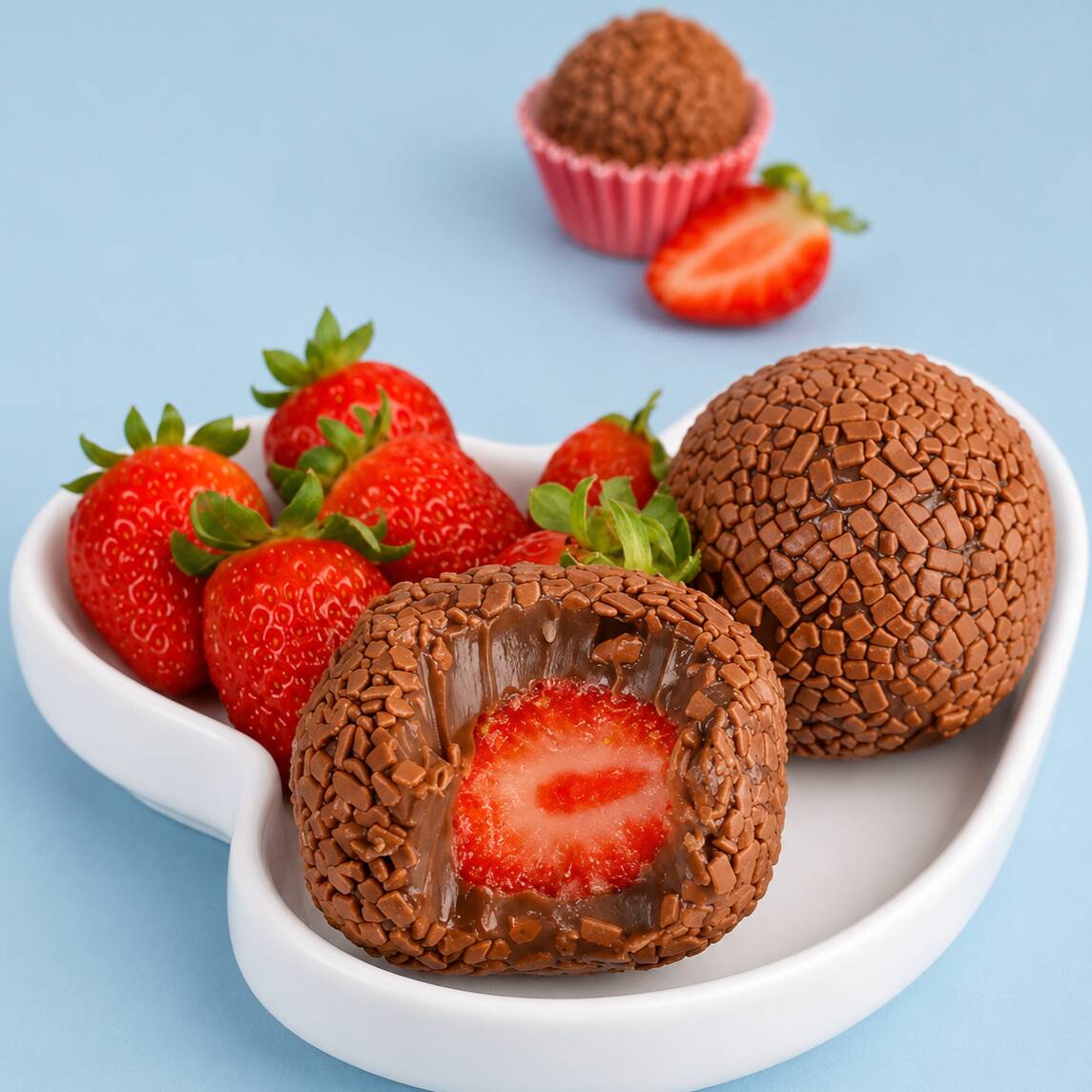 Brigadeiro gigante recheado com um morango inteiro, envolvido por uma camada super cremosa de brigadeiro e finalizado com granulado gourmet. Uma combinação irresistível de chocolate e morango